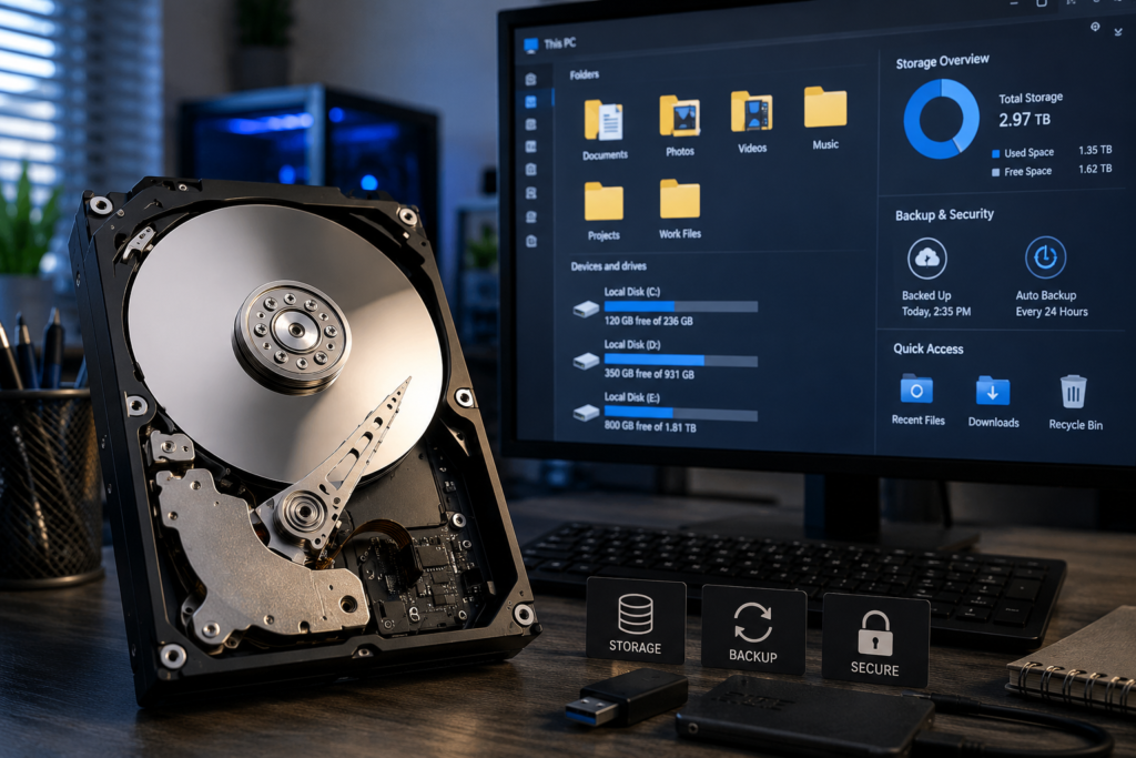 Tech workspace with detailed HDD and monitor